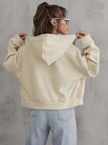 SHEIN EZwear Drop Shoulder Drawstring Hooded Jacket Fall Winter Cloth For Women - Apricot - View 2