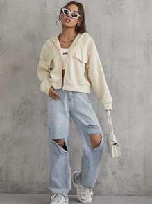 SHEIN EZwear Drop Shoulder Drawstring Hooded Jacket Fall Winter Cloth For Women - Apricot - View 4