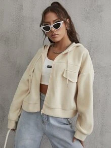 SHEIN EZwear Drop Shoulder Drawstring Hooded Jacket Fall Winter Cloth For Women - Apricot - View 6