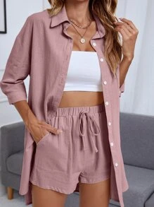 INAWLY Camisa con botón bajo irregular con shorts - Rosa vieja - Ver 3