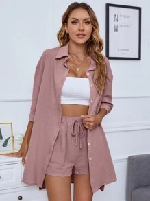 INAWLY Camisa con botón bajo irregular con shorts - Rosa vieja - Ver 4