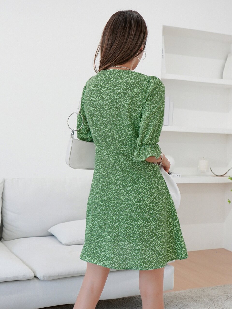 Ditsy Floral Single Breasted Flounce Sleeve Dress