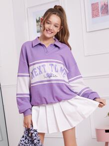 SHEIN Teen Girls Letter Graphic Drop Shoulder Sweatshirt - Lilac Purple - View 1