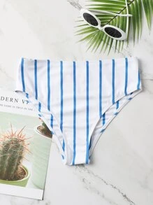 SHEIN Swim Striped High Waisted Bikini Panty Summer - Blue and White - View 1