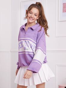 SHEIN Teen Girls Letter Graphic Drop Shoulder Sweatshirt - Lilac Purple - View 3