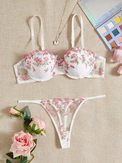 FloralLove Floral Embroidery Underwire Bra & Panty Lingerie Set Bridallingerie Bountiful Floral Splendor  Cozy And Elegant Details