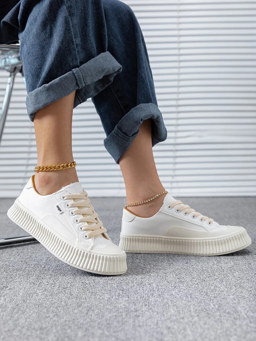 Letter Patch Decor Lace-up Front Canvas Shoes - White - View 1