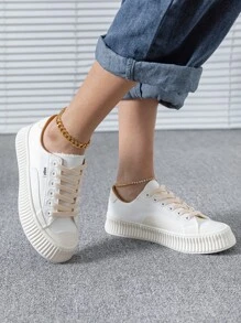 Letter Patch Decor Lace-up Front Canvas Shoes - White - View 2