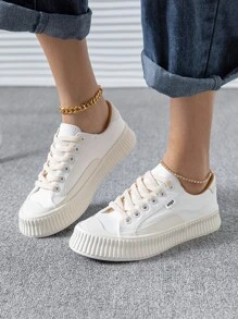 Letter Patch Decor Lace-up Front Canvas Shoes - White - View 4