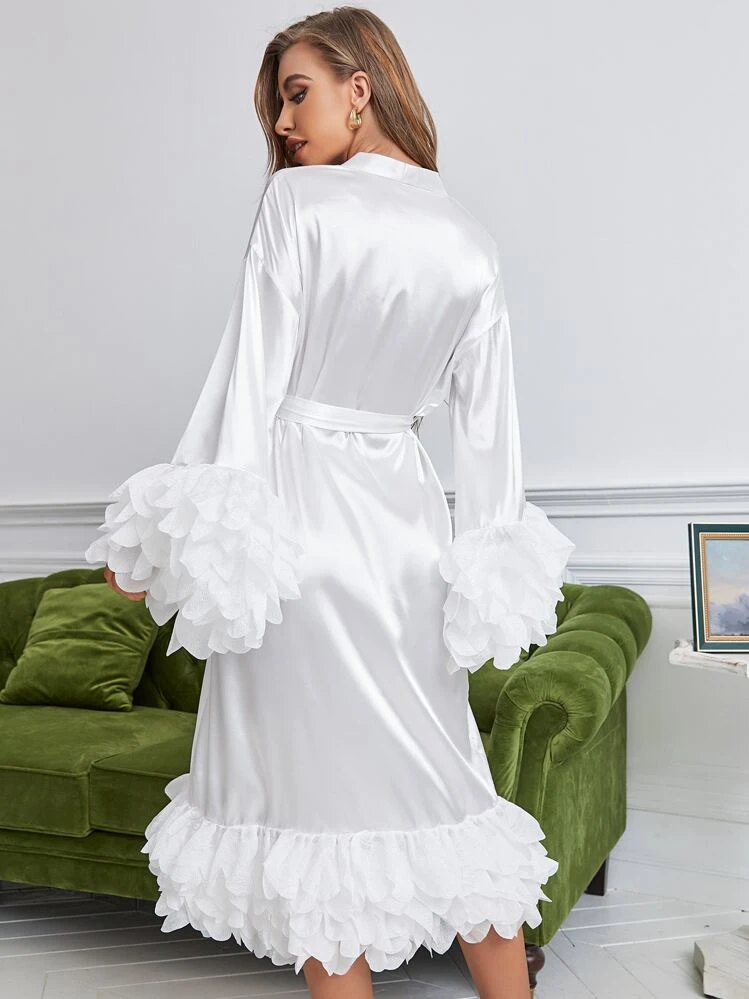 Layered Sleeve Drop Shoulder Belted Satin Sleep Robe - White - View 2