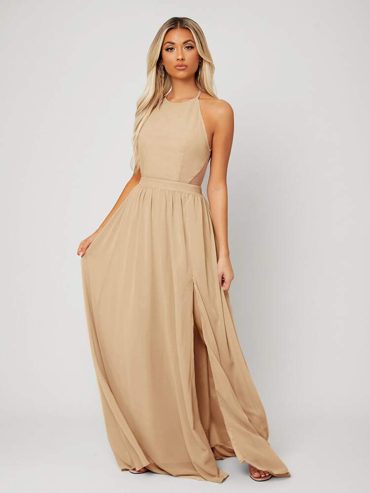 SHEIN Belle Backless Halter Neck Slit Thigh Prom Dress Elegant Bridesmaid Dress - Champagne - View 6