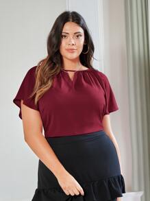 SHEIN Clasi Áo sơ mi Plus Size Cắt ra màu trơn Giải trí - Màu Đỏ Sâu - Xem 4