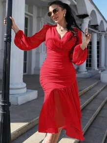 Modelyn Solid Surplice V Neck Puff Sleeve Ruched Mermaid Hem Dress - Red - View 1