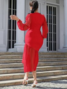 Modelyn Solid Surplice V Neck Puff Sleeve Ruched Mermaid Hem Dress - Red - View 2