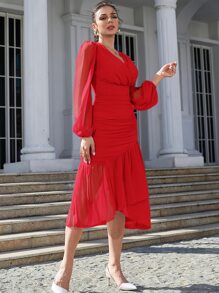 Modelyn Solid Surplice V Neck Puff Sleeve Ruched Mermaid Hem Dress - Red - View 3