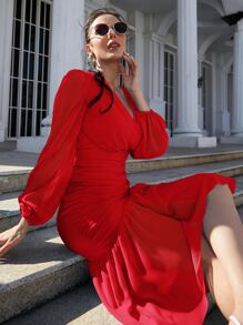 Modelyn Solid Surplice V Neck Puff Sleeve Ruched Mermaid Hem Dress - Red - View 5