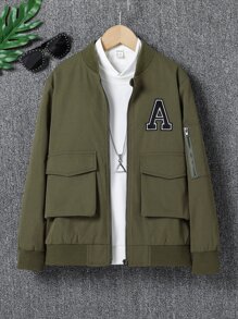 男孩1入組字母補丁細節翻蓋口袋飛行員夾克 - 軍綠色 - 查看 1