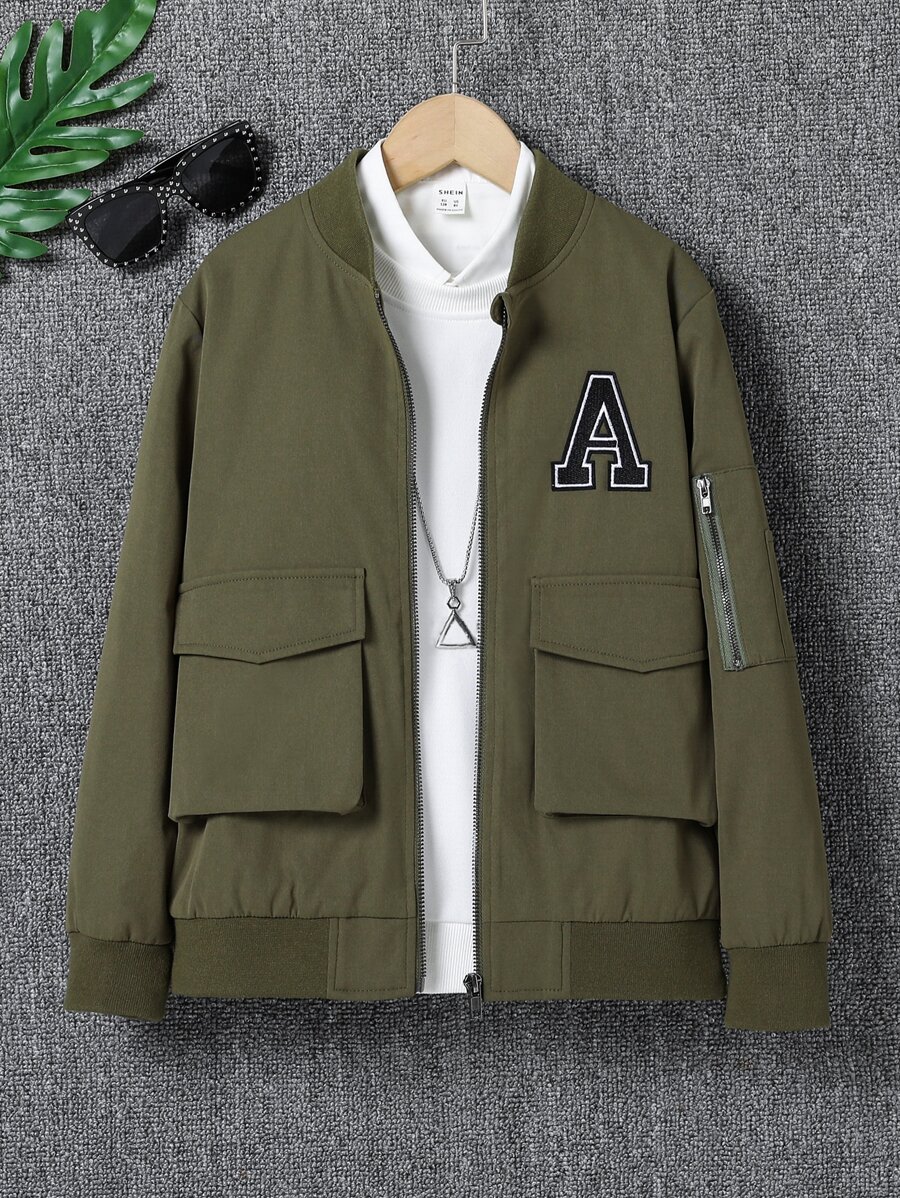 男孩1入組字母補丁細節翻蓋口袋飛行員夾克 - 軍綠色 - 查看 1