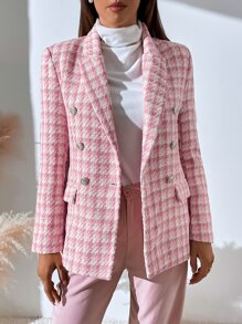 SHEIN BIZwear Plaid Print Double Breasted Blazer Workwear - Pink - View 1