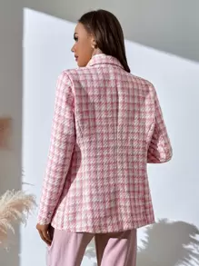 SHEIN BIZwear Plaid Print Double Breasted Blazer Workwear - Pink - View 2