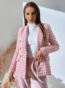 SHEIN BIZwear Plaid Print Double Breasted Blazer Workwear - Pink - View 3