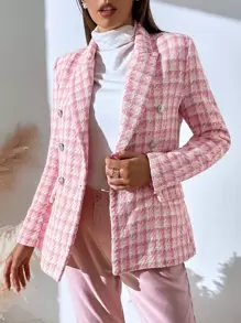 SHEIN BIZwear Plaid Print Double Breasted Blazer Workwear - Pink - View 4