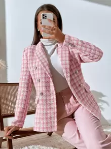 SHEIN BIZwear Plaid Print Double Breasted Blazer Workwear - Pink - View 5