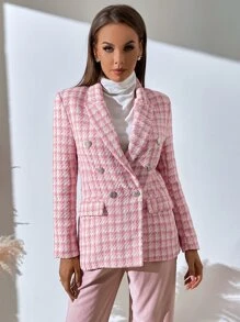 SHEIN BIZwear Plaid Print Double Breasted Blazer Workwear - Pink - View 6