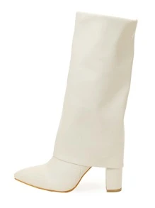 Zipper Side Point Toe Chunky Heeled Classic Boots - Beige - View 2