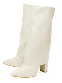 Zipper Side Point Toe Chunky Heeled Classic Boots - Beige - View 3