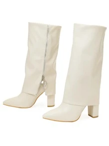 Zipper Side Point Toe Chunky Heeled Classic Boots - Beige - View 4