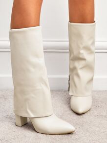 Zipper Side Point Toe Chunky Heeled Classic Boots - Beige - View 5