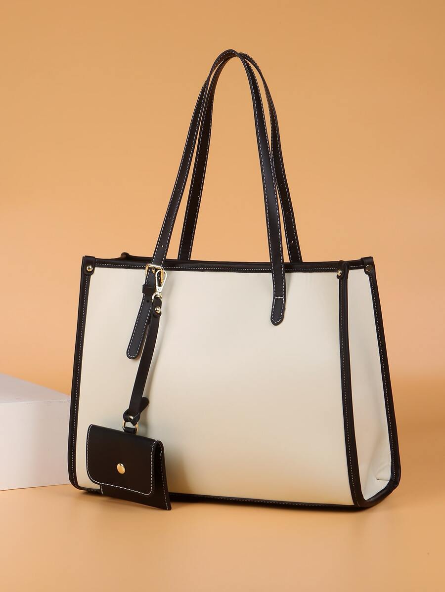 Contrast Binding Shoulder Tote Bag With Coin Purse - Beige - View 1