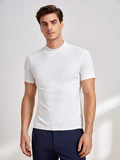 Manfinity VCAY Män Solid Mock Neck Basic Plain Work Kortärmad Tee, för man & pappa