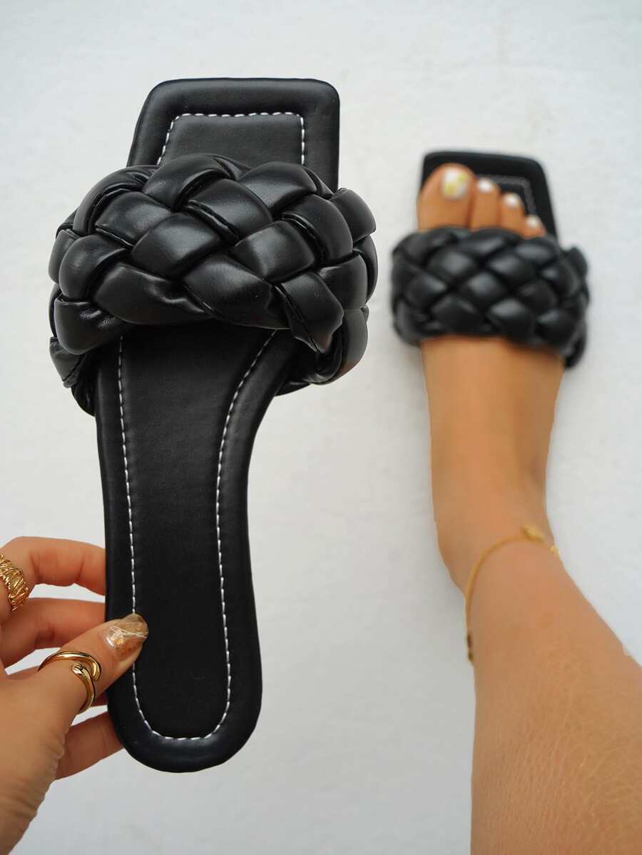 planare Braided Design Single Band Slide Sandals , Black Holiday Style Woven Strap Monochrome Slippers - Hitam - View 1