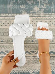 planare Women White Braided Design Single Band Slide Sandals, Open Toe Flat Sandals for Vacation - White - View 1