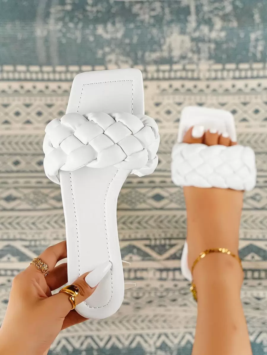 planare Women White Braided Design Single Band Slide Sandals, Open Toe Flat Sandals for Vacation - White - View 1