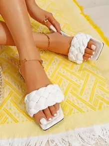 planare Women White Braided Design Single Band Slide Sandals, Open Toe Flat Sandals for Vacation - White - View 6