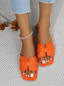 大码 35-43 夏季时尚简约舒适露趾凉鞋，红色 PU 鞋面方头平底沙滩拖鞋，百搭户外凉鞋，可搭配连衣裙 - 橘色 - 查看 3