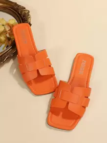 大码 35-43 夏季时尚简约舒适露趾凉鞋，红色 PU 鞋面方头平底沙滩拖鞋，百搭户外凉鞋，可搭配连衣裙 - 橘色 - 查看 4