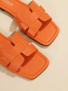 大码 35-43 夏季时尚简约舒适露趾凉鞋，红色 PU 鞋面方头平底沙滩拖鞋，百搭户外凉鞋，可搭配连衣裙 - 橘色 - 查看 5