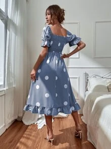 SHEIN Clasi 波點圖案泡泡袖打褶荷葉邊連衣裙 - 霧霾藍 - 查看 2