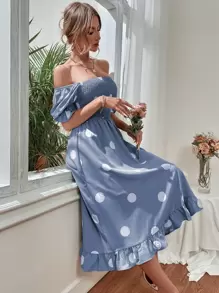 SHEIN Clasi 波點圖案泡泡袖打褶荷葉邊連衣裙 - 霧霾藍 - 查看 3