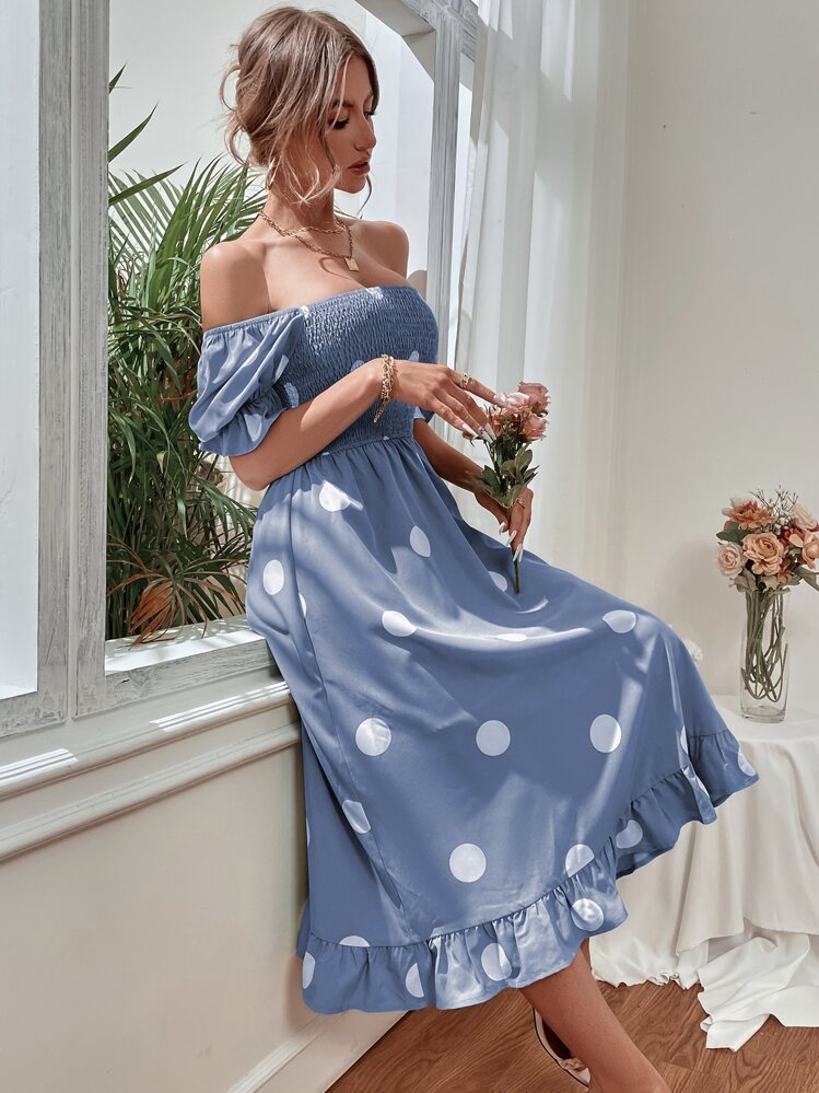 SHEIN Clasi 波尔卡圆点印花泡泡袖褶皱荷叶边下摆连衣裙长款女装 - 霧霾藍 - 查看 3