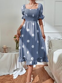 SHEIN Clasi 波點圖案泡泡袖打褶荷葉邊連衣裙 - 霧霾藍 - 查看 4