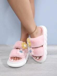 Fuzzy Flower Decor Novelty Slippers - Pink - View 2