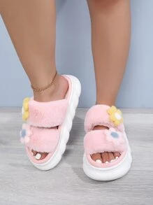 Fuzzy Flower Decor Novelty Slippers - Pink - View 5