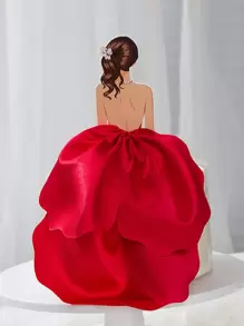 Woman Back-Pose Cake Topper With Chiffon Skirt - Red - View 1