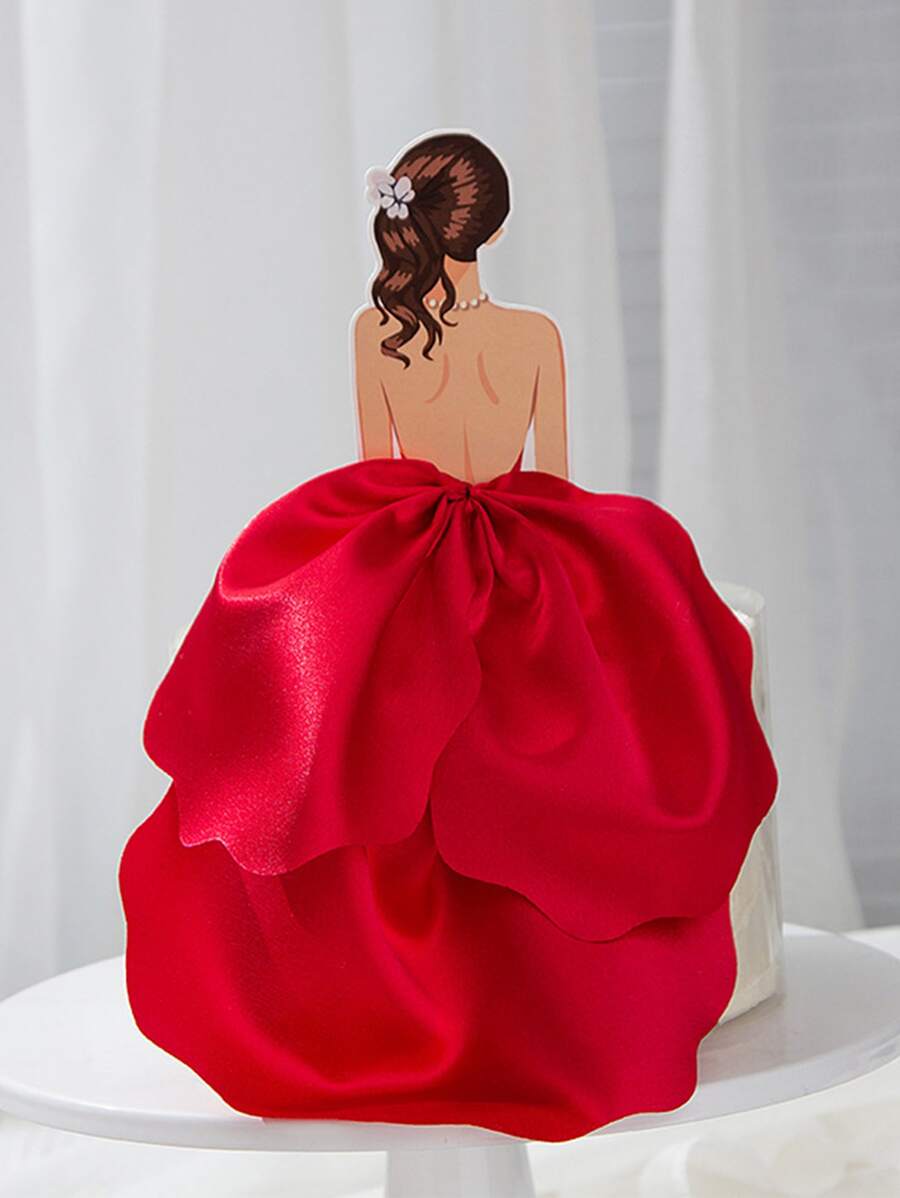 Woman Back-Pose Cake Topper With Chiffon Skirt - Red - View 1