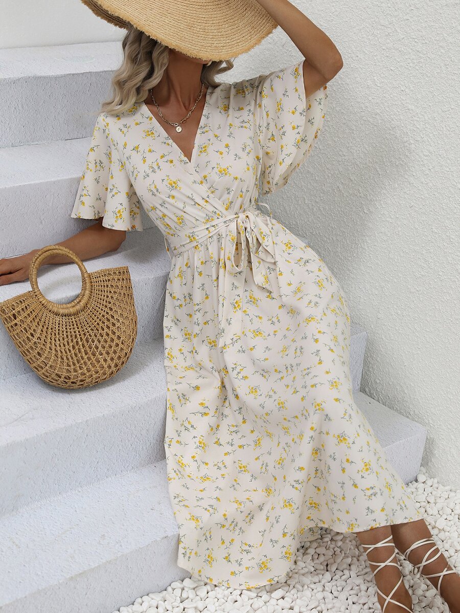 Breezaya Ditsy Floral Flutter Sleeve Overlap Collar Belted Dress Maxi Vacation Beach Outfits Women - Apricot - View 1